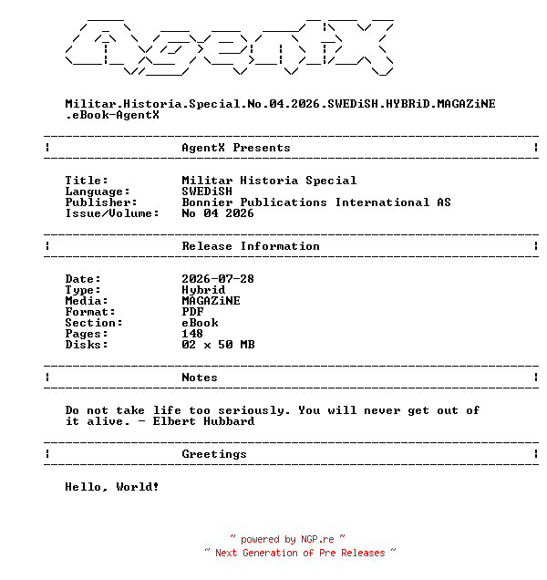 NFO for the release Militar.Historia.Special.No.04.2026.SWEDiSH.HYBRiD.MAGAZiNE.eBook-AgentX by AgentX