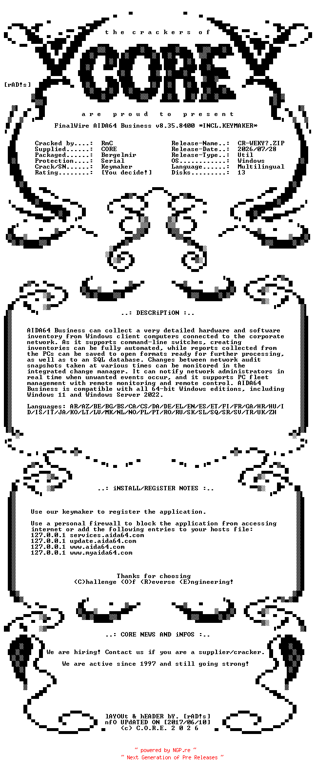 NFO for the release FinalWire.AIDA64.Business.v8.35.8400.x64.Multilingual.Incl.Keymaker-CORE by CORE