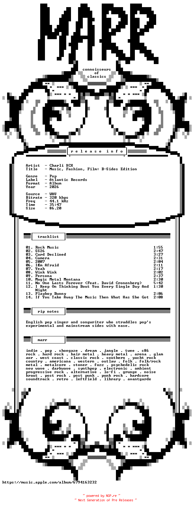 NFO for the release Charli_XCX-Music_Fashion_Film-B-Sides_Edition-WEB-2026-MARR by MARR
