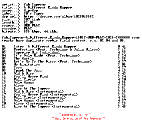 NFO for the release Yah_Supreme-A_Different_Kinda_Rapper-PROPER-16BIT-WEB-FLAC-2026-MustyAsshole by MustyAsshole