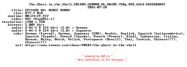 NFO for the release The.Ghost.in.the.Shell.S01E04.GERMAN.DL.ANiME.720p.WEB.h264-SAUERKRAUT by SAUERKRAUT