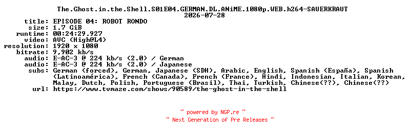 NFO for the release The.Ghost.in.the.Shell.S01E04.GERMAN.DL.ANiME.1080p.WEB.h264-SAUERKRAUT by SAUERKRAUT