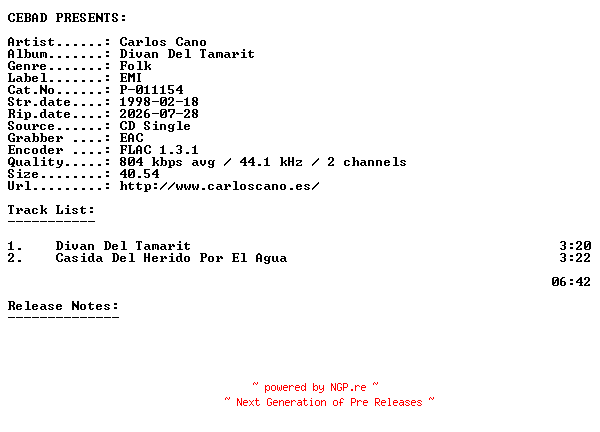 NFO for the release Carlos_Cano-Divan_Del_Tamarit-(P-011154)-ES-PROMO-CDS-FLAC-1998-CEBAD by CEBAD
