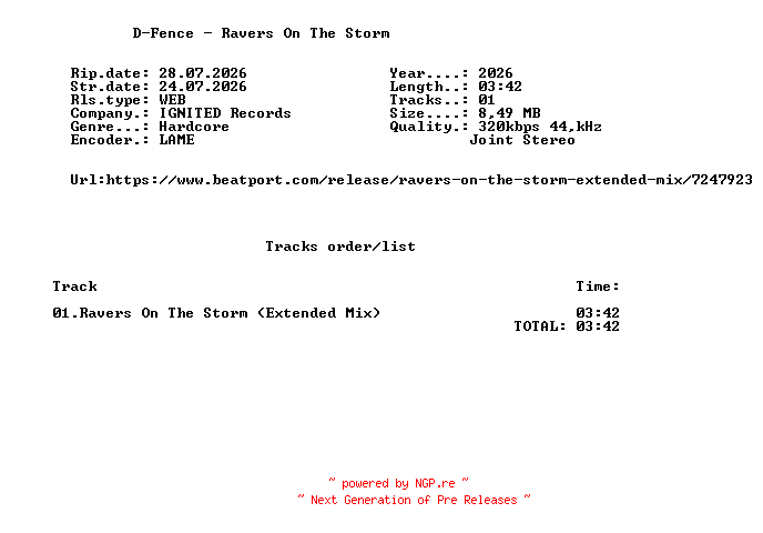NFO for the release D-Fence_-_Ravers_On_The_Storm-(IGR008)-SINGLE-WEB-2026-FMC by FMC