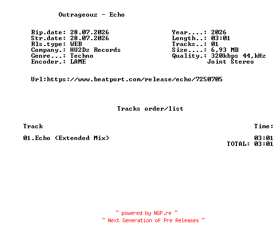 NFO for the release Outrageouz_-_Echo-(HU2DZ152)-SINGLE-WEB-2026-FMC by FMC