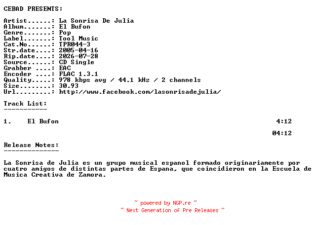 NFO for the release La_Sonrisa_De_Julia-El_Bufon-(TPR044-3)-ES-PROMO-CDS-FLAC-2005-CEBAD by CEBAD