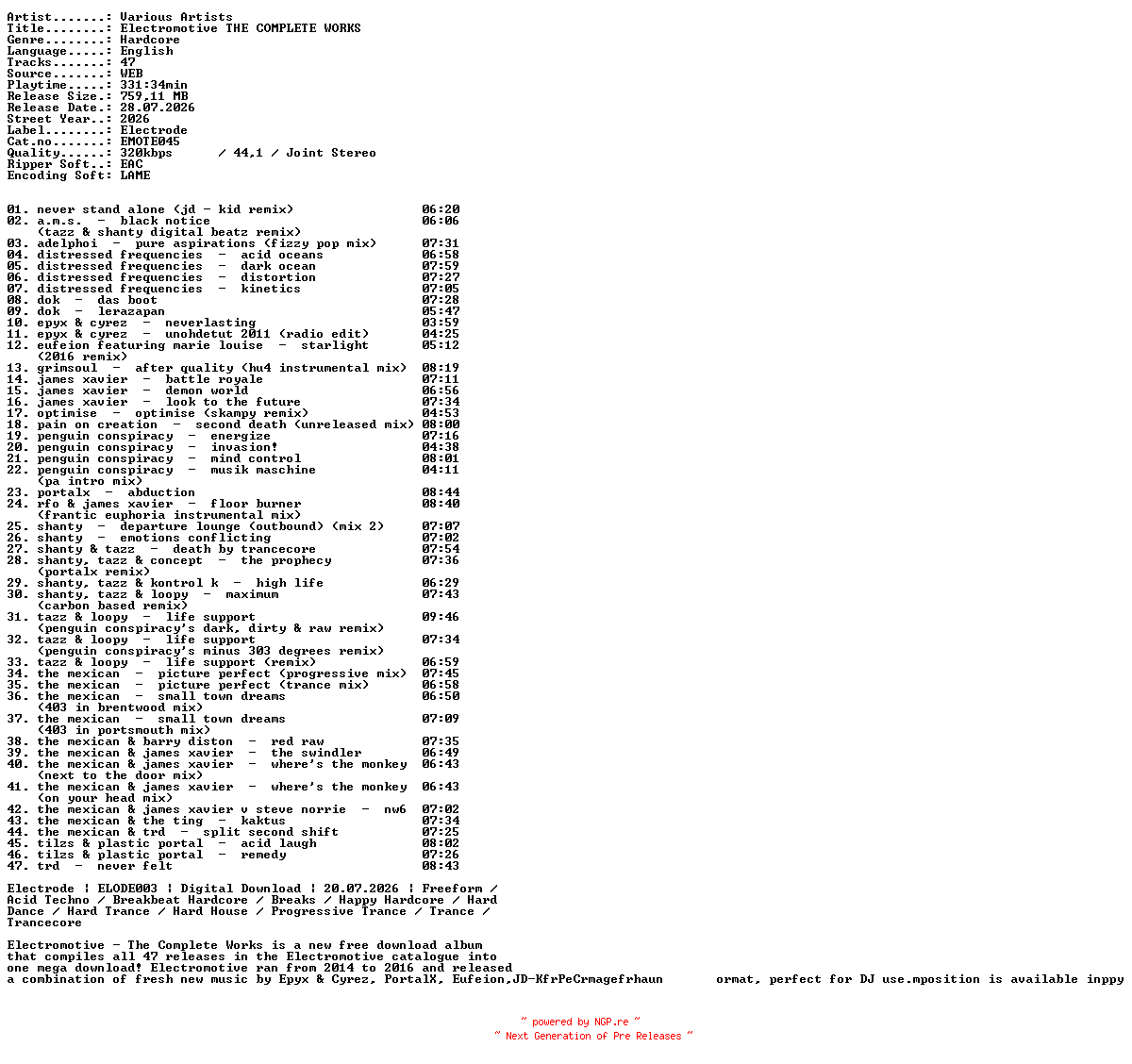 NFO for the release VA-Electromotive_THE_COMPLETE_WORKS-EMOTE045-WEB-2026-XTC_iNT by XTC_iNT