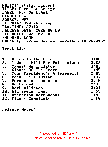 NFO for the release Static_Dissent-Burn_The_Script-WEB-2026-SDR by SDR