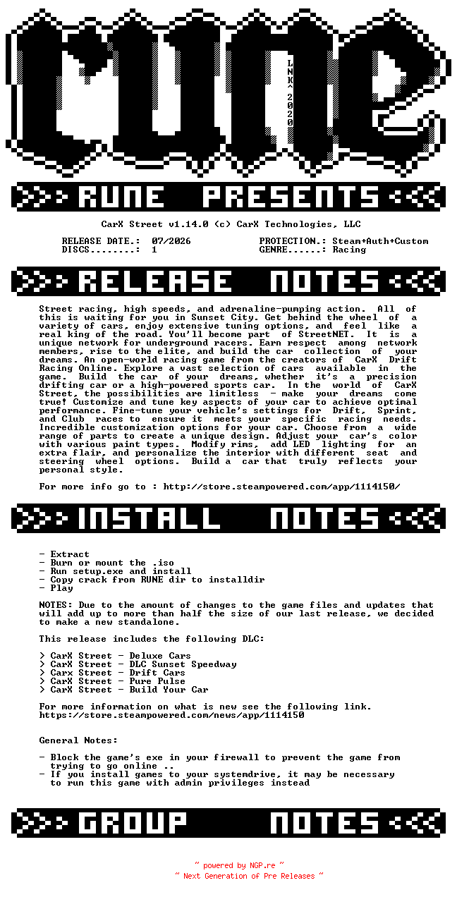 NFO for the release CarX.Street.v1.14.0-RUNE by RUNE