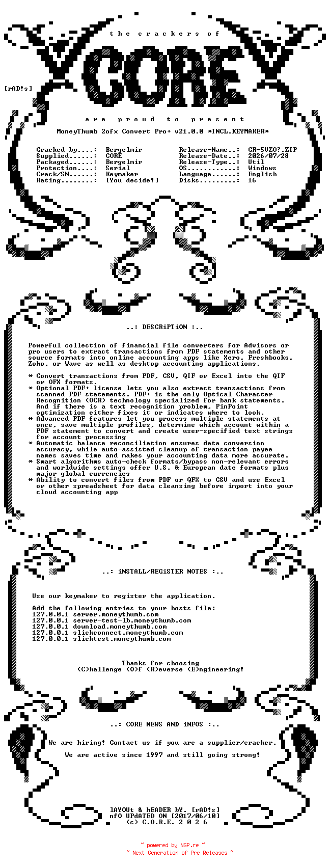 NFO for the release MoneyThumb.2ofx.Convert.ProPlus.v21.0.0.x64.Incl.Keymaker-CORE by CORE