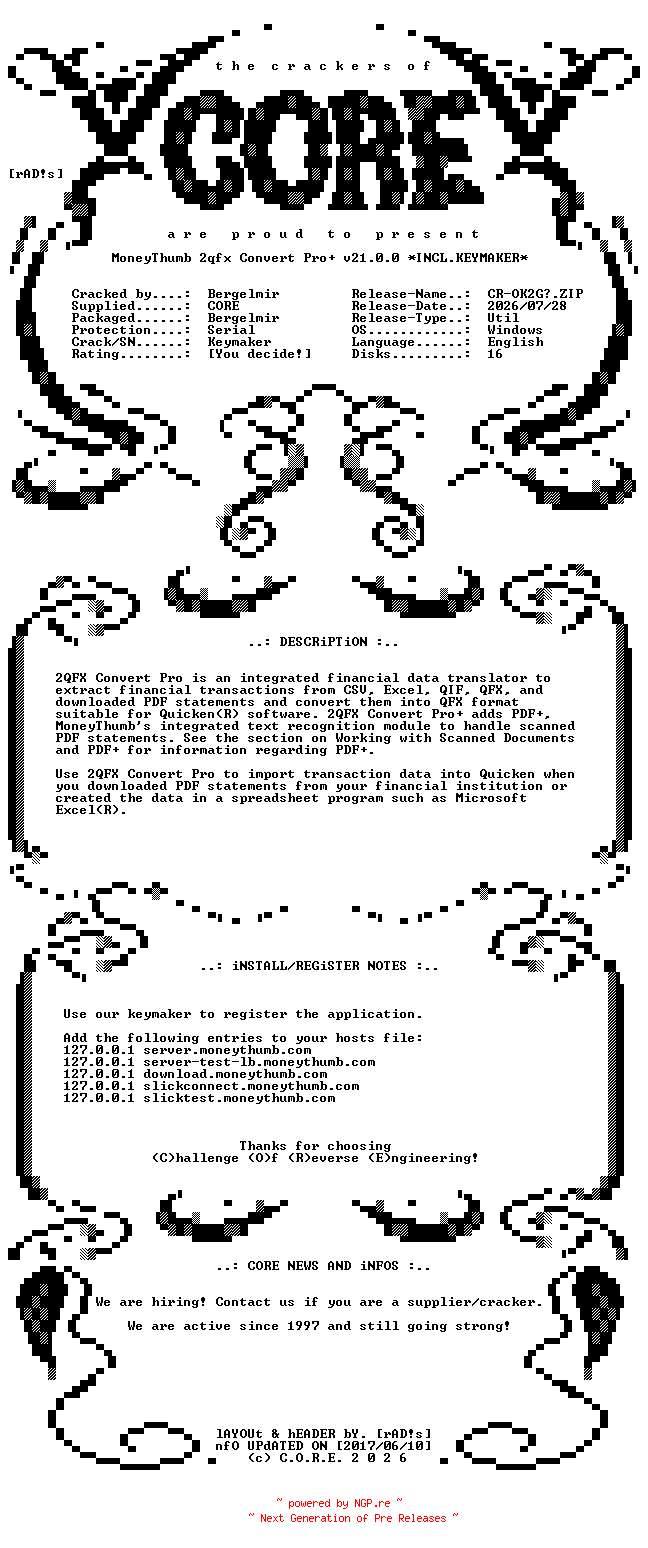NFO for the release MoneyThumb.2qfx.Convert.ProPlus.v21.0.0.x64.Incl.Keymaker-CORE by CORE