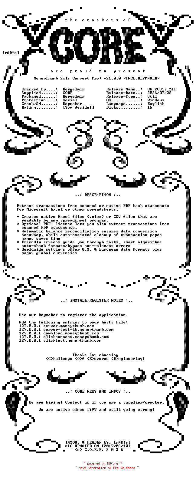 NFO for the release MoneyThumb.2xls.Convert.ProPlus.v21.0.0.x64.Incl.Keymaker-CORE by CORE