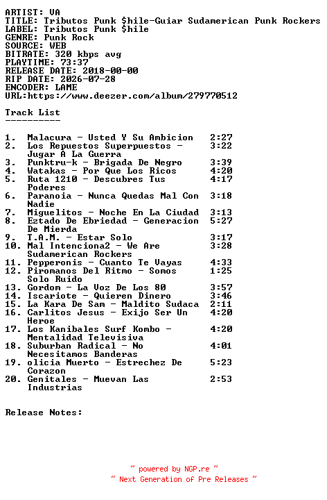 NFO for the release VA-Tributos_Punk_Shile-Guiar_Sudamerican_Punk_Rockers-WEB-ES-2018-SDR by SDR