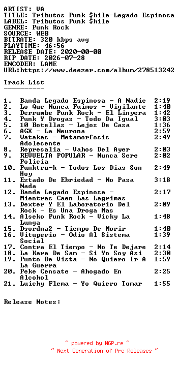 NFO for the release VA-Tributos_Punk_Shile-Legado_Espinosa-WEB-ES-2020-SDR by SDR