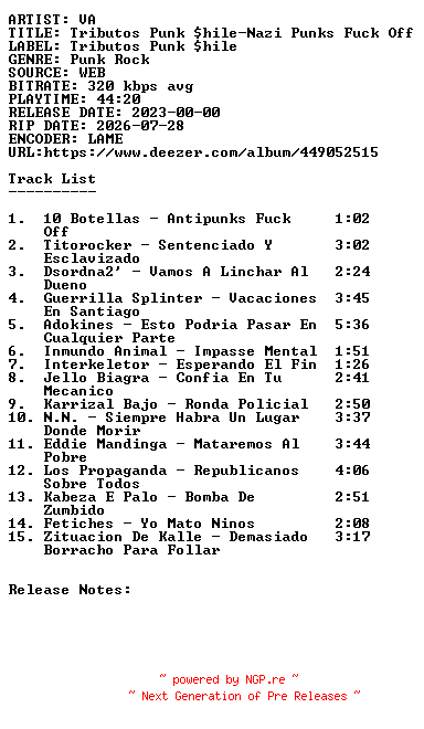 NFO for the release VA-Tributos_Punk_Shile-Nazi_Punks_Fuck_Off-WEB-ES-2023-SDR by SDR