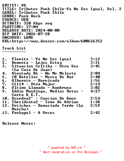 NFO for the release VA-Tributos_Punk_Shile-Ya_No_Sos_Igual_Vol._2-WEB-ES-2024-SDR by SDR