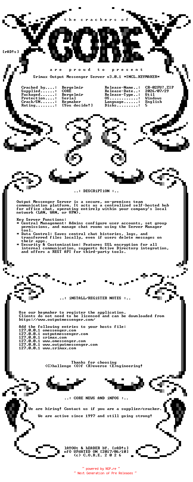 NFO for the release Srimax.Output.Messenger.Server.v3.0.1.x64.Incl.Keymaker-CORE by CORE
