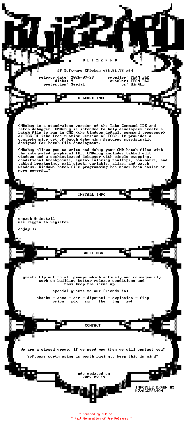 NFO for the release JP.Software.CMDebug.v36.51.78.x64.WinALL.Incl.Keygen-BLiZZARD by BLiZZARD