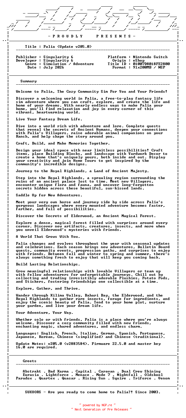 NFO for the release Palia_Update_v205.0_INTERNAL_NSW-SUXXORS by SUXXORS