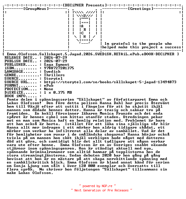 NFO for the release Emma.Olofsson.Sallskapet.5.Jagad.2026.SWEDiSH.RETAiL.ePub.eBOOK-DECiPHER by DECiPHER