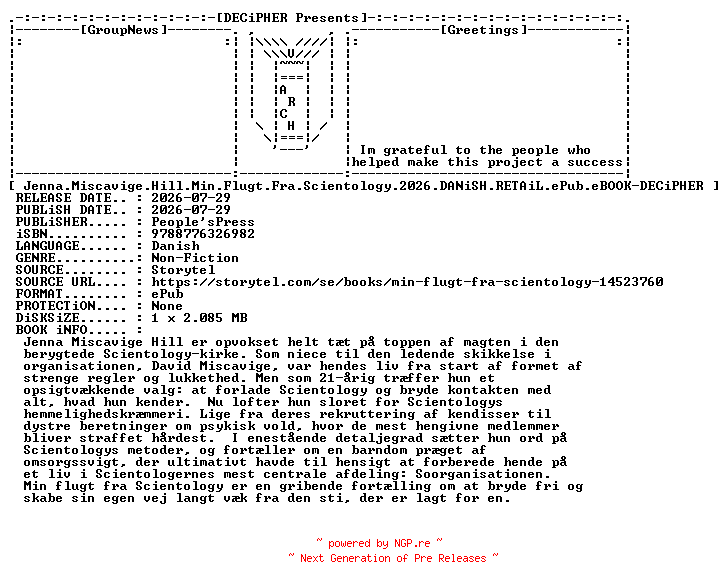 NFO for the release Jenna.Miscavige.Hill.Min.Flugt.Fra.Scientology.2026.DANiSH.RETAiL.ePub.eBOOK-DECiPHER by DECiPHER