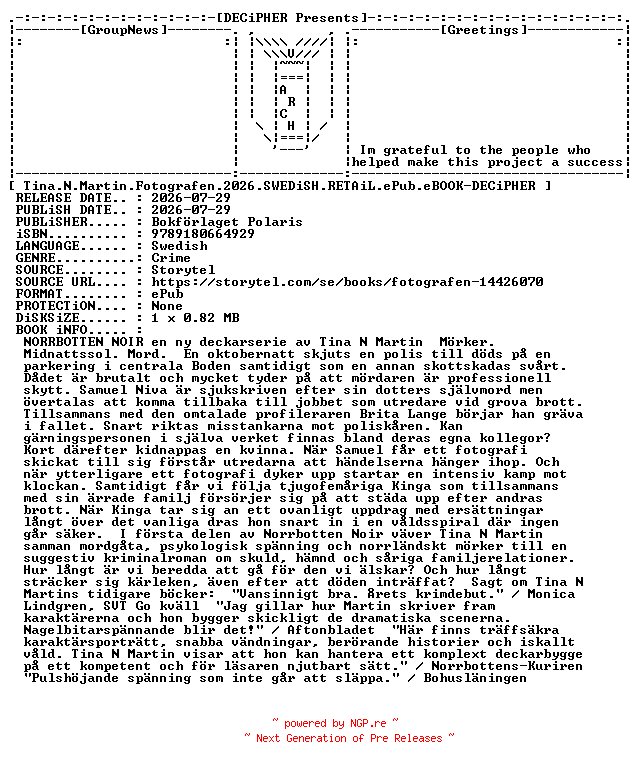 NFO for the release Tina.N.Martin.Fotografen.2026.SWEDiSH.RETAiL.ePub.eBOOK-DECiPHER by DECiPHER
