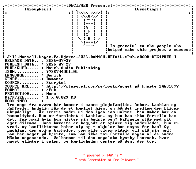 NFO for the release Jill.Mansell.Noget.Pa.Hjerte.2026.DANiSH.RETAiL.ePub.eBOOK-DECiPHER by DECiPHER