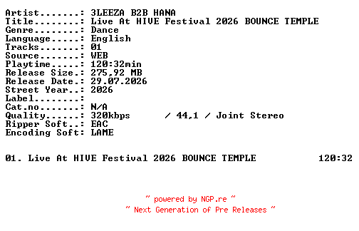 NFO for the release 3LEEZA_B2B_HANA-Live_At_HIVE_Festival_2026_BOUNCE_TEMPLE-WEB-2026-XTC_iNT by XTC_iNT