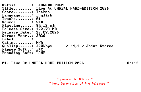 NFO for the release LEONARD_PALM-Live_At_UNREAL_HARD-EDITION_2026-WEB-2026-XTC_iNT by XTC_iNT
