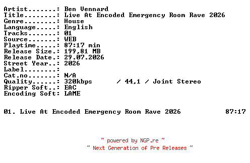 NFO for the release Ben_Vennard-Live_At_Encoded_Emergency_Room_Rave_2026-WEB-2026-XTC_iNT by XTC_iNT