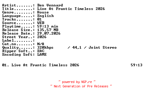 NFO for the release Ben_Vennard-Live_At_Frantic_Timeless_2026-WEB-2026-XTC_iNT by XTC_iNT