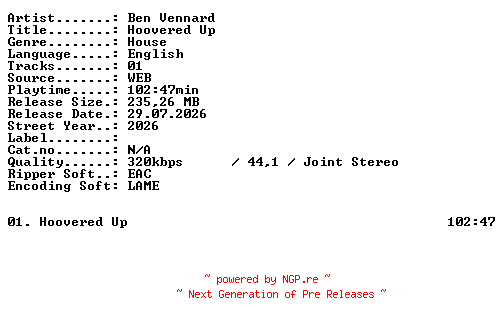 NFO for the release Ben_Vennard-Hoovered_Up-WEB-2026-XTC_iNT by XTC_iNT