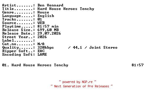 NFO for the release Ben_Vennard-Hard_House_Heroes_Tenchy-WEB-2026-XTC_iNT by XTC_iNT