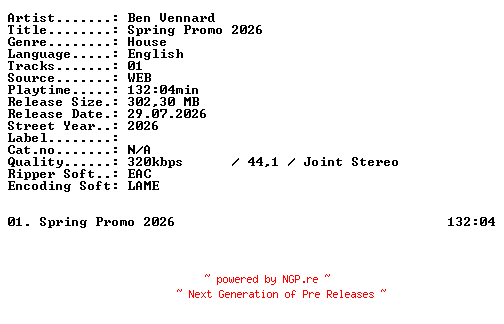 NFO for the release Ben_Vennard-Spring_Promo_2026-WEB-2026-XTC_iNT by XTC_iNT