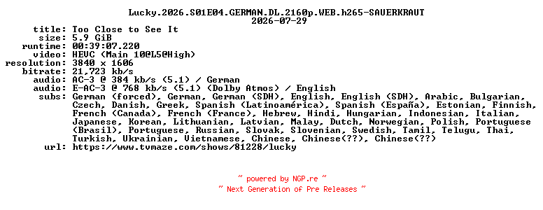 NFO for the release Lucky.2026.S01E04.GERMAN.DL.2160p.WEB.h265-SAUERKRAUT by SAUERKRAUT