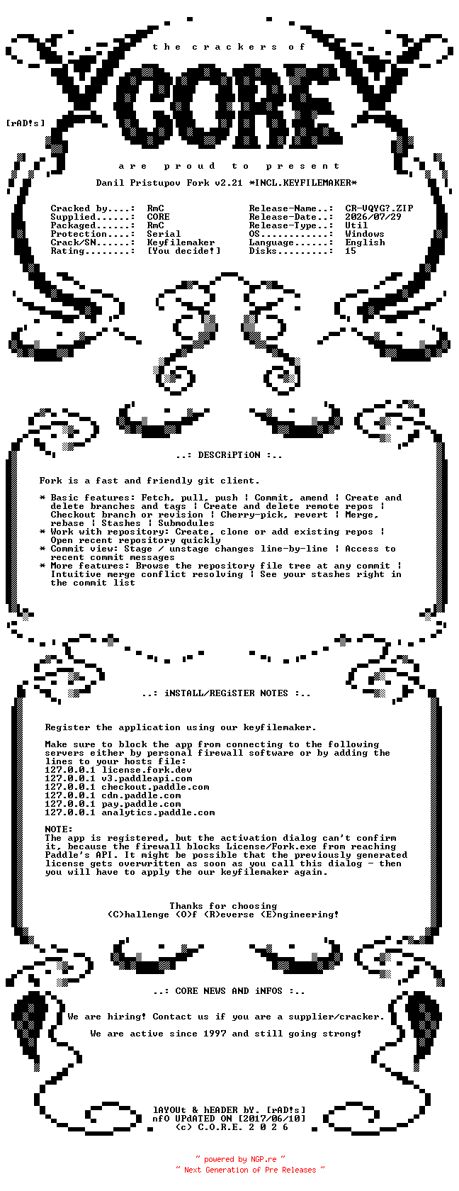 NFO for the release Danil.Pristupov.Fork.v2.21.x64.Incl.Keyfilemaker-CORE by CORE