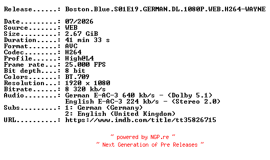 NFO for the release Boston.Blue.S01E19.GERMAN.DL.1080P.WEB.H264-WAYNE by WAYNE