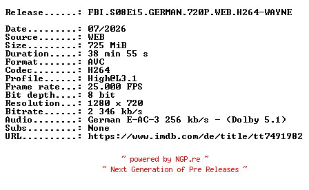 NFO for the release FBI.S08E15.GERMAN.720P.WEB.H264-WAYNE by WAYNE