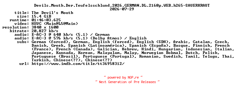 NFO for the release Devils.Mouth.Der.Teufelsschlund.2026.GERMAN.DL.2160p.WEB.h265-SAUERKRAUT by SAUERKRAUT