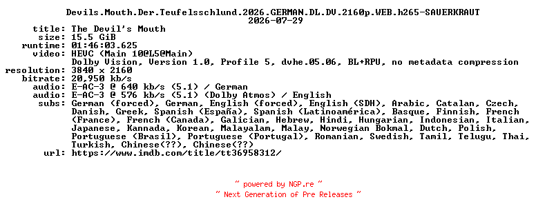 NFO for the release Devils.Mouth.Der.Teufelsschlund.2026.GERMAN.DL.DV.2160p.WEB.h265-SAUERKRAUT by SAUERKRAUT