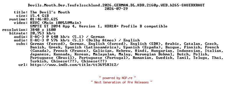 NFO for the release Devils.Mouth.Der.Teufelsschlund.2026.GERMAN.DL.HDR.2160p.WEB.h265-SAUERKRAUT by SAUERKRAUT