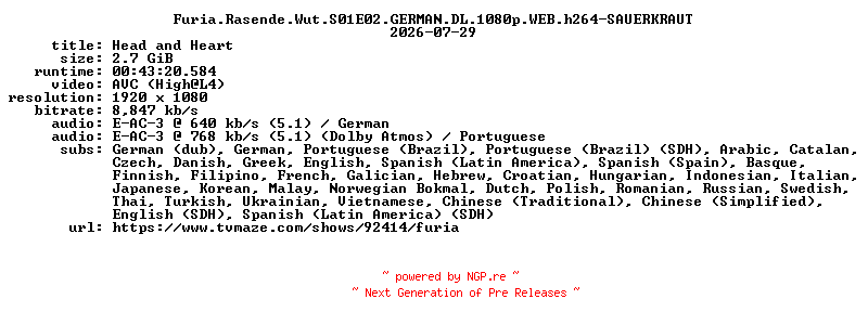 NFO for the release Furia.Rasende.Wut.S01E02.GERMAN.DL.1080p.WEB.h264-SAUERKRAUT by SAUERKRAUT