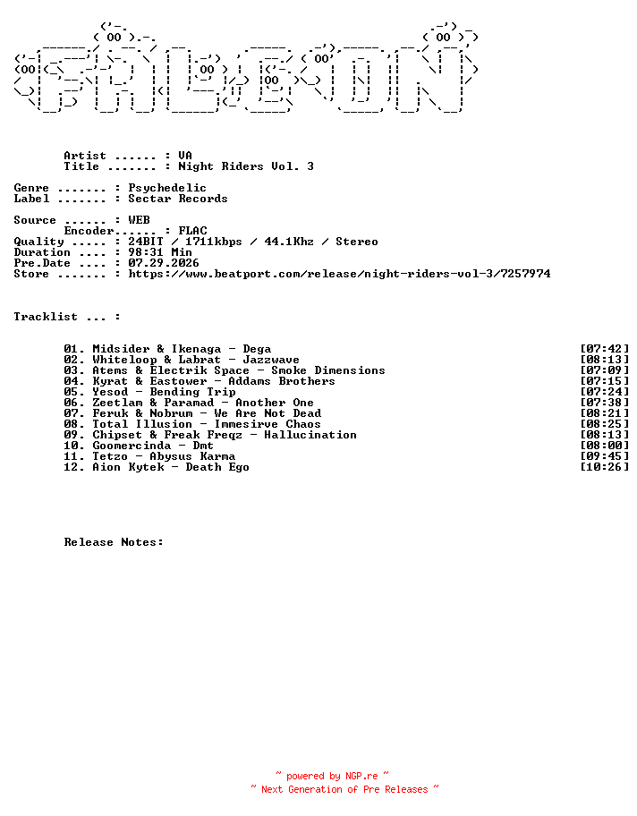 NFO for the release VA-Night_Riders_Vol._3-(736084995542)-24BIT-WEB-FLAC-2026-FALCON by FALCON
