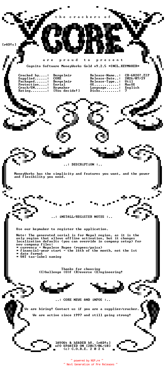 NFO for the release Cognito.Software.MoneyWorks.Gold.v9.2.5.MacOS.UB.Incl.Keymaker-CORE by CORE