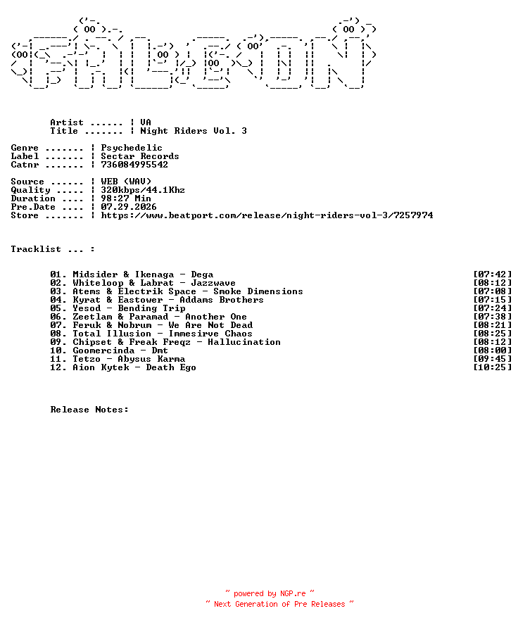 NFO for the release VA-Night_Riders_Vol._3-(736084995542)-WEB-2026-FALCON by FALCON