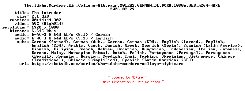 NFO for the release The.Idaho.Murders.Ein.College-Albtraum.S01E02.GERMAN.DL.DOKU.1080p.WEB.h264-HAXE by HAXE