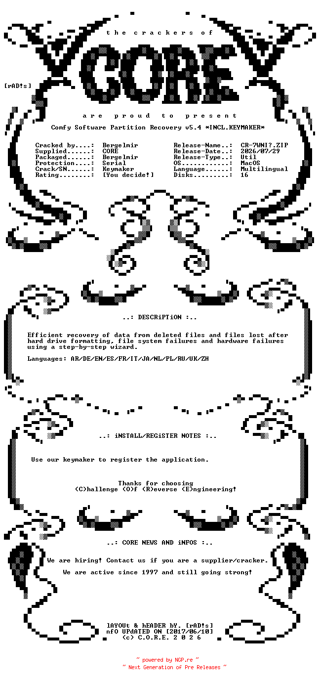NFO for the release Comfy.Software.Partition.Recovery.v5.4.MacOS.UB.Multilingual.Incl.Keymaker-CORE by CORE