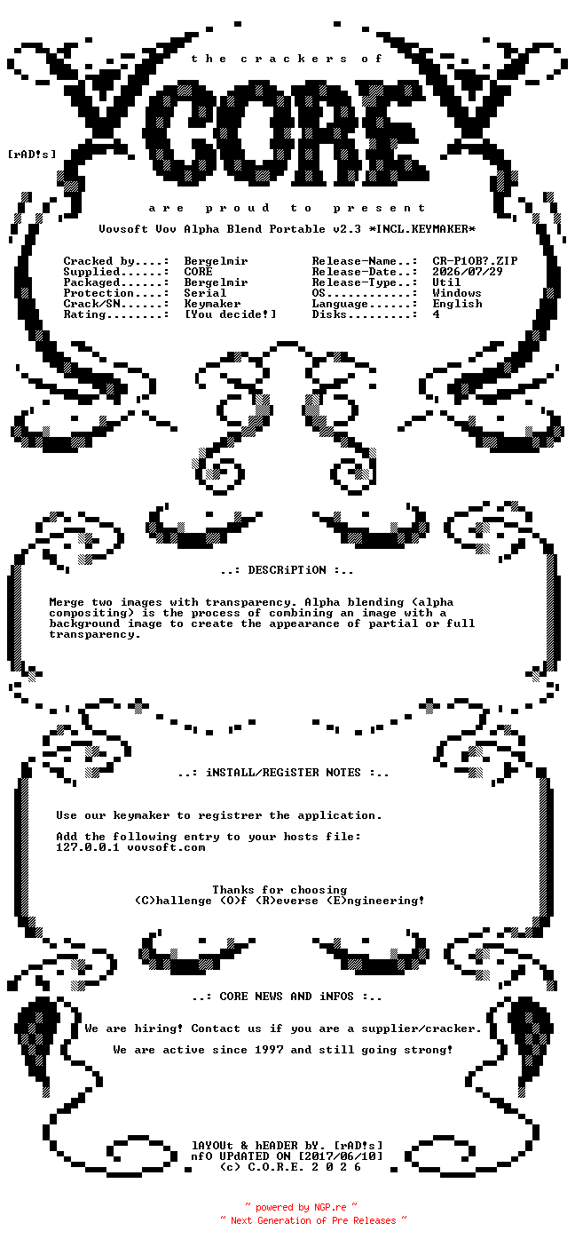 NFO for the release Vovsoft.Vov.Alpha.Blend.Portable.v2.3.Incl.Keymaker-CORE by CORE