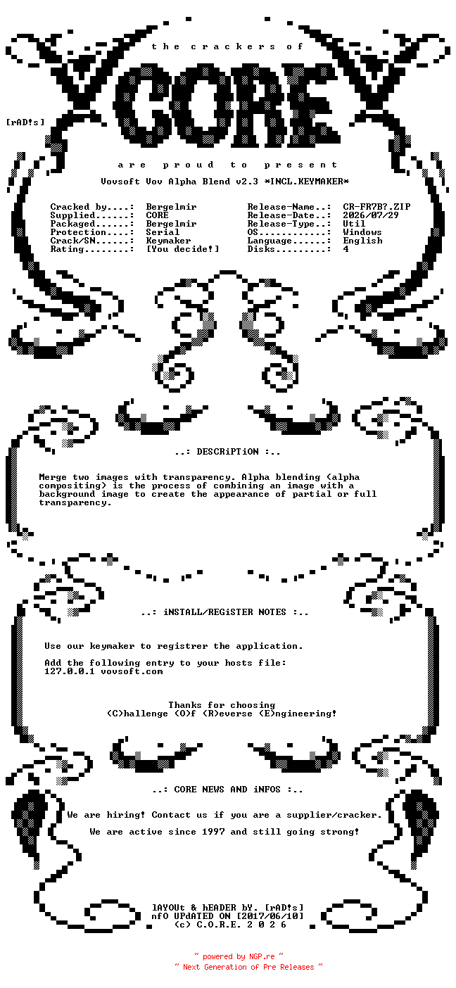 NFO for the release Vovsoft.Vov.Alpha.Blend.v2.3.Incl.Keymaker-CORE by CORE