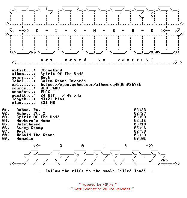 NFO for the release Stonekind-Spirit_Of_The_Void-24BIT-WEB-FLAC-2021-STONERD by STONERD